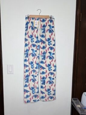 Disney Stitch Print Blue Colorful Pajama Bottoms Pants Cozy Warm Size Small NEW